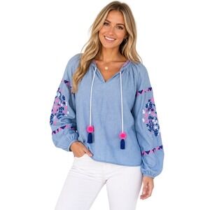 Lilly Pulitzer Women Blue Embroidered Chambray Boho Tassel Top Small